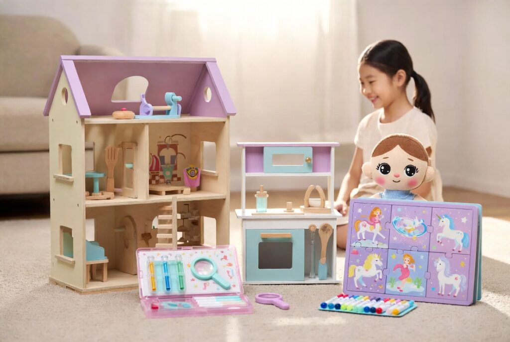 Rekomendasi mainan anak perempuan edukatif dan aman seperti rumah boneka kayu, set dapur mini, boneka kain, puzzle, serta alat seni kreatif yang sedang dimainkan anak perempuan dengan bahagia